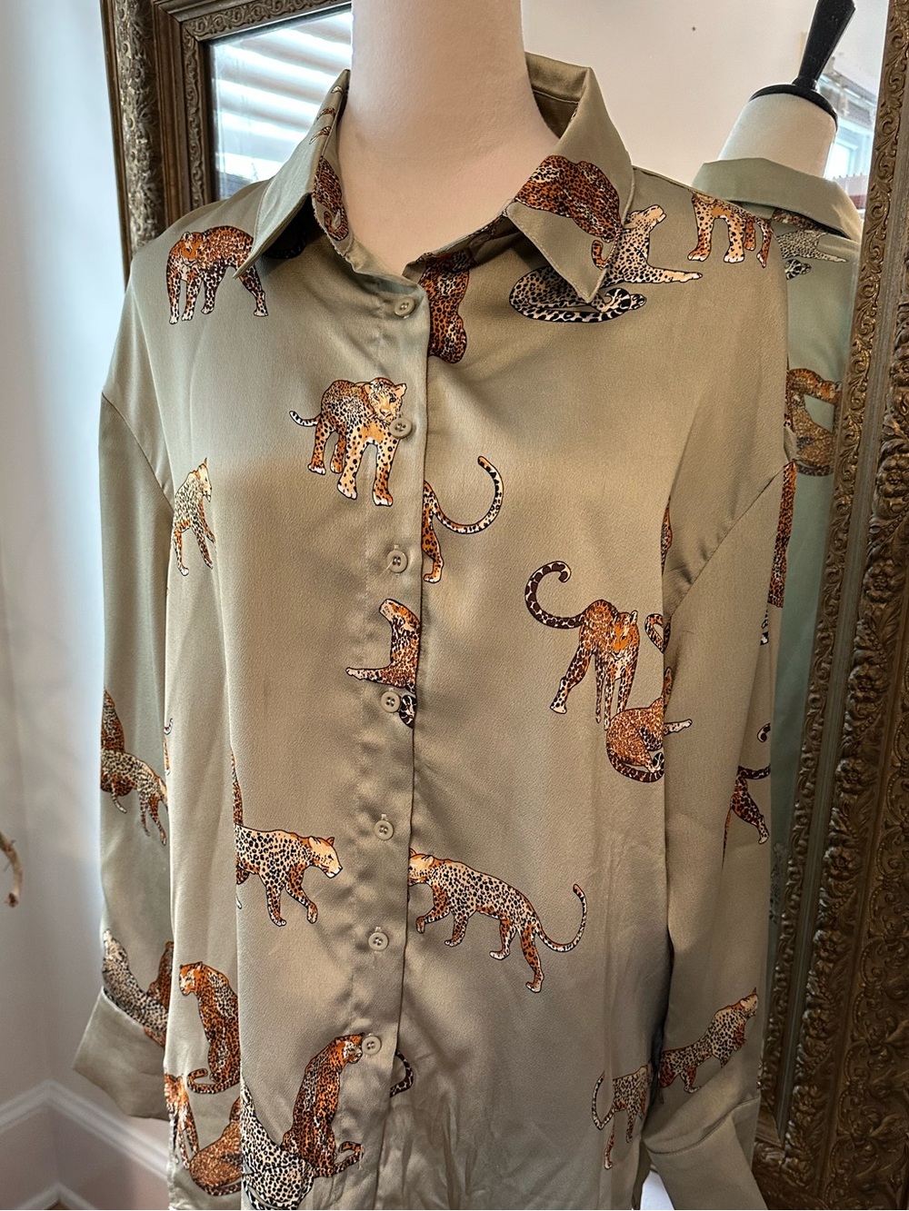 Blouse leopards silky green button up Mable size M animal print luxury office